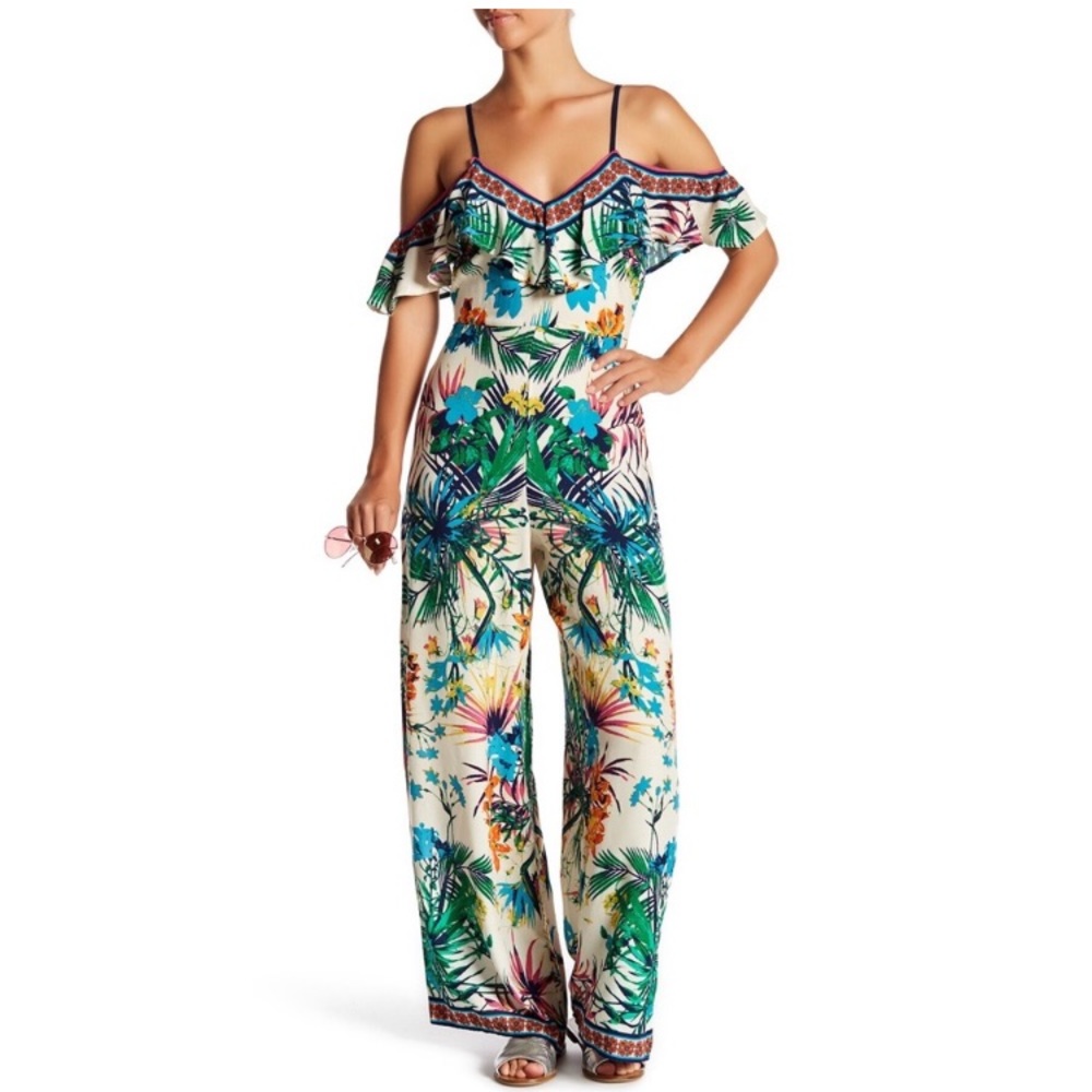 FLYING TOMATO Tropical Floral Foliage Off-Shoulder Jumpsuit S